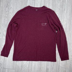 Vineyard Vines T-Shirt Tee Whale Spell Out Pocket Long Sleeve Maroon Red Men's L